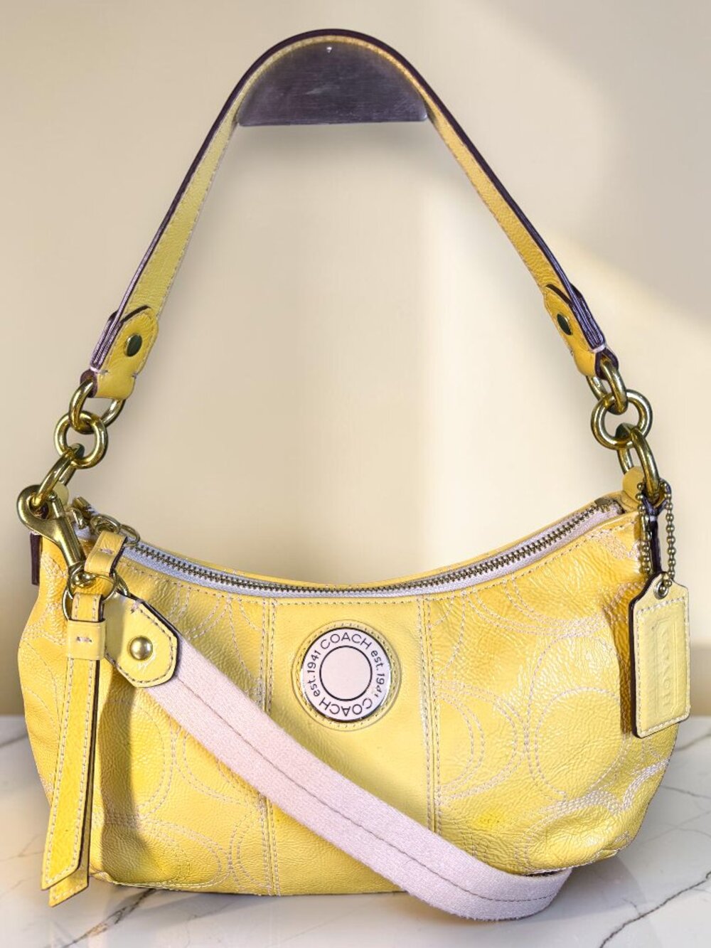 Coach Signature C Yellow Patent Leather 2-Way Shoulder Crossbody Bag
